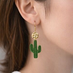 Green Cactus Drop Earrings with Gold Disc | Boho Statement Earrings 🌵